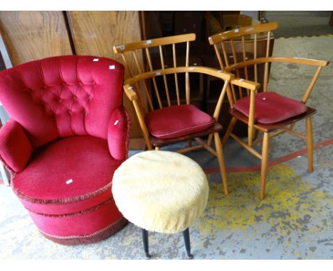 Parcel of assorted chairs to include pair of spindle back armchairs, button backed tub chair and stool (4) Condition reports 