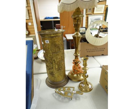 Parcel of brassware including umbrella stand, trivet, candlestick and table lamp Condition reports provided on request by ema