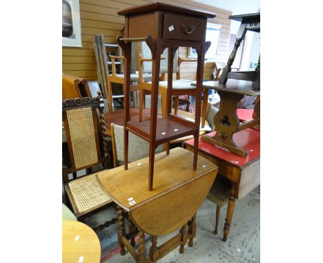 Oak drop leaf gate leg table together with stained bathroom stand Condition reports provided on request by email for this auc