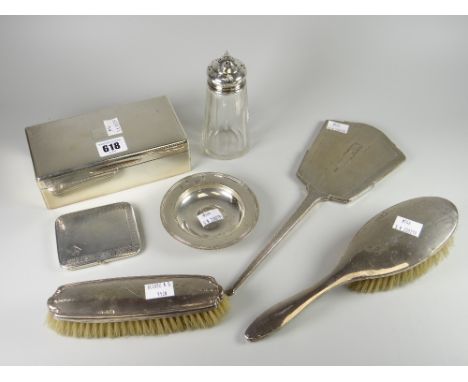 Parcel of silver comprising twin compartment rectangular cigarette box with machine turned lid, two non-matching silver backe