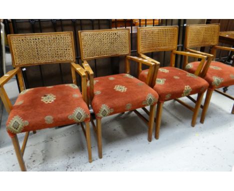 A set of four mid-century cane back chairs with tapestry cushion seats Condition reports provided on request by email for thi