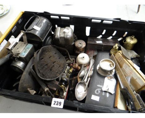 Crate of vintage items including wagon lamps, small wood plane, keys ETC Condition reports provided on request by email for t