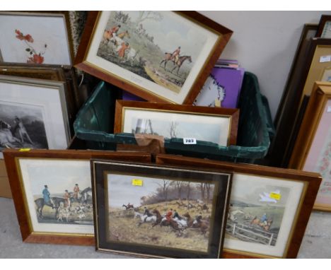 Box of framed hunting prints and Pop Art oils on board Condition reports provided on request by email for this auction otherw