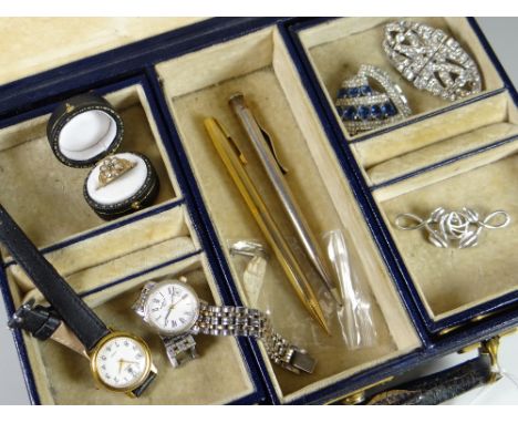 A monogrammed vintage jewellery box containing various items including watches, propelling pencils, 1930s/50s dress jewellery