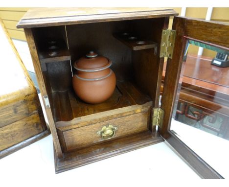 A small vintage oak smoker's cabinet with mixing jar &amp; drawer Condition reports provided on request by email for this auc