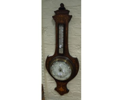 An Edwardian inlaid rosewood aneroid barometer and thermometer
