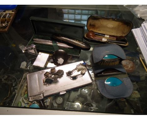 A 20th century silver and faux enamel mounted brush and mirror grooming set, in blue leather case, together with a collection