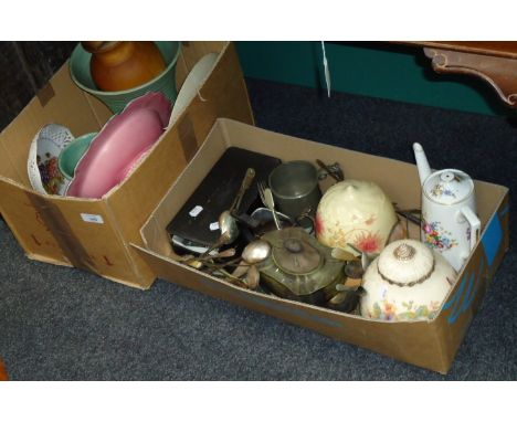 A mixed lot of ceramics and EPNS including Royal Crown Derby plates, flatware, 1930's lamp shades, Edwardian drinking glasses