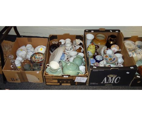 Three boxes of decorative and useful ceramics, including a small pair of Copenhagen wrens, a Nelson Tsing pattern part tea se