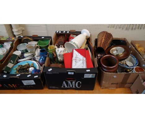 Three boxes of various ceramics and other items, including miniature brass ornaments, barometer carriage and mantel clock, eg