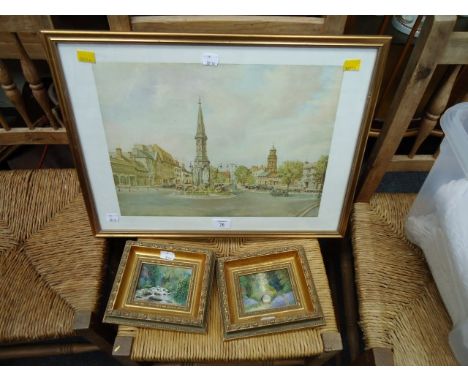 Two miniature oil landscapes, signed Margaret Knowles, and a framed print of Banbury after F E Watkins
