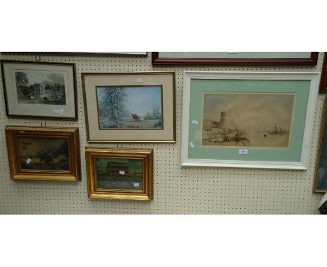 A 19th century lithograph of Cologne, an oleograph of an early steeplechase and three other prints, including hunting dogs an