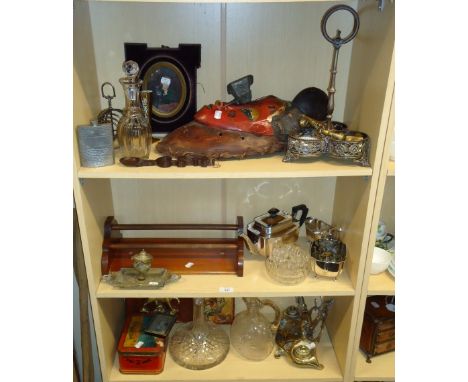 A mixed lot, to include a cut glass ship's decanter, EPNS three piece tea service, tribal mask, brass inkstand, Primus stove,