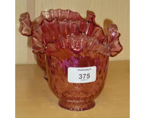 A pair of frilled and dimpled cranberry glass wall light shades, 12 x 15cm