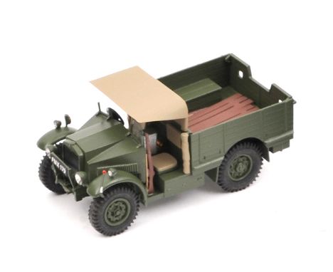 A CJB Military Models 1:32 scale Morris Commercial CS8 Platoon Truck. A white metal model of a 4 wheeled light cargo truck in