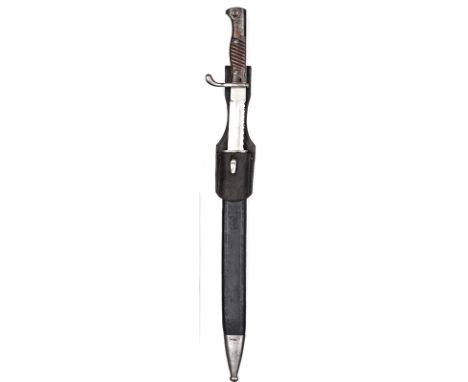 A Seitengewehr M1898/05 saw backed bayonet,  by J H Becher, Solingen, with flashguard, in steel mounted leather scabbard with