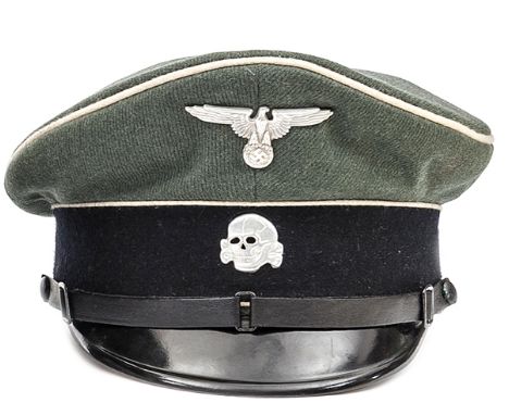 A scarce Third Reich NCO’s Waffen SS peaked cap,  field grey body with white piping, black band, SSVT type chinstrap, field g