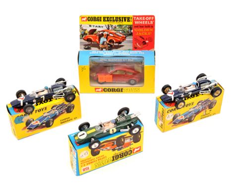 4 Corgi Toys.  2x Cooper Maserati F.1 (156) in dark blue RN7. Lotus-Climax F. (158) in BRG, RN 1. Plus a Mini Marcos (341) in