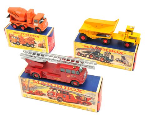 3 Matchbox King Size. K.W. Dart Dump Truck K-2 in yellow livery, with red plastic wheels and black plastic tyres. ERF Ready-M