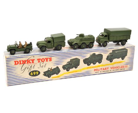 A Dinky Toys Gift Set (699). Comprising Austin Champ, 1-Ton Cargo Truck, Armoured Personnel Carrier and a Bedford 3-Ton Army 