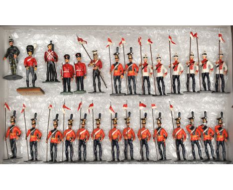 28 white metal soldiers. 17 16th British Lancers comprising  - 3 trumpeters and 13 troopers with lances. 6 Colonial Lancers i