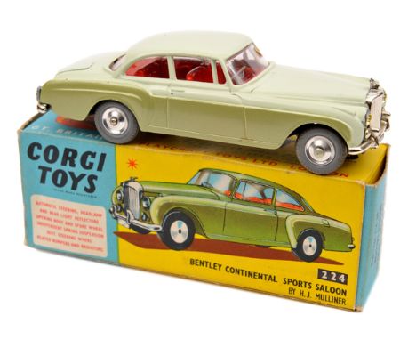 Corgi Toys Bentley Continental Sports Saloon (224). An example in pale green and metallic green with red interior and light g