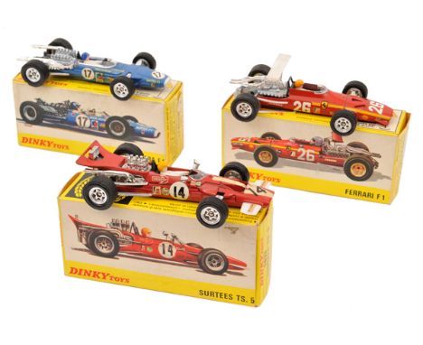 3 French Dinky single seater racing cars. Matra F.1 RN 17 (1417) in French Racing Blue livery. Ferrari F.1 RN 26 (1422) in re