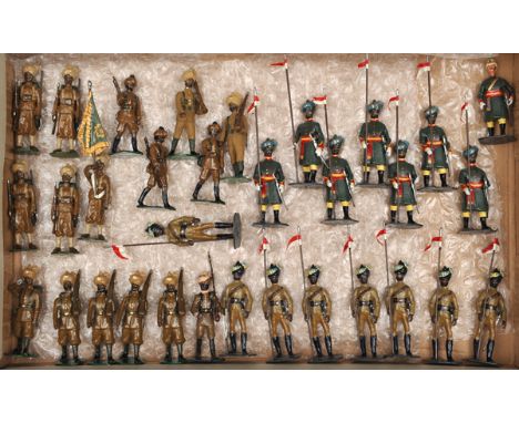 32 white metal soldiers. Indian army. Comprising a Lancer regiment with British Officer and 7 Sowars with lances, in dark gre