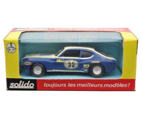 1970’s Solido Mk 1 Ford Capri Rallye (26). An example in blue with broad white stripes, RN55 with ‘Texaco’, ‘Cibie’ and ‘Dunl
