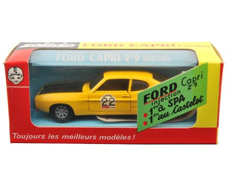 1970’s Solido Mk 1 Ford Capri 2.9i (190). An example in yellow with a black bonnet, RN22 with ‘Camel’ and ‘Castrol’ decals. B