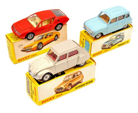 3 Spanish/French Dinky saloon cars. Renault 4L (518) in light blue with fawn interior. Alpine Renault A310 (1411) in red with