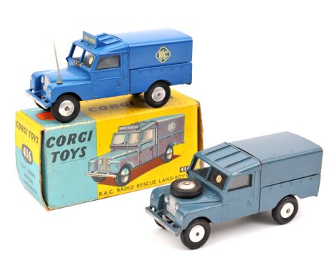 2x Corgi Toys series 1 LWB Land Rovers. R.A.C. Rescue (416) in blue livery, with sign to roof and aerial to wing. Boxed, some