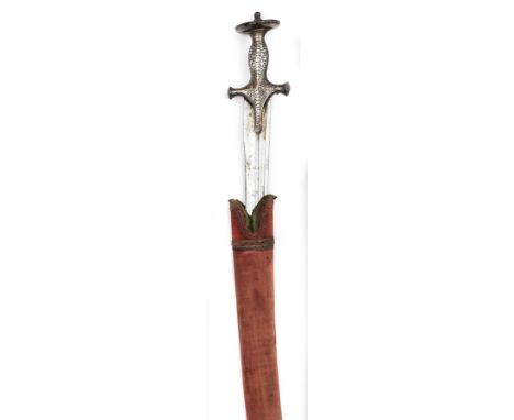 An Indian tulwar,  double fullered blade 31”, the fullers on one side stamped with small sun or rosette marks alternating wit