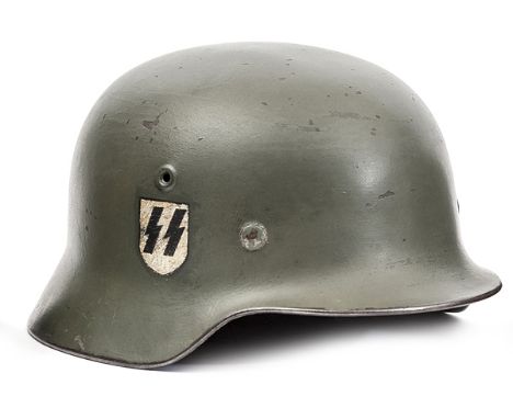 A scarce Third Reich Waffen SS single decal M35/40 pattern steel helmet,  grey painted skull, rim stamped “ET66” and “611”, b