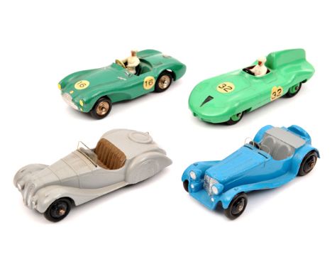 4 Dinky Toys/French Dinky sports cars. Jaguar SS in light blue with light grey interior with black wheels. Frazer Nash-BMW in