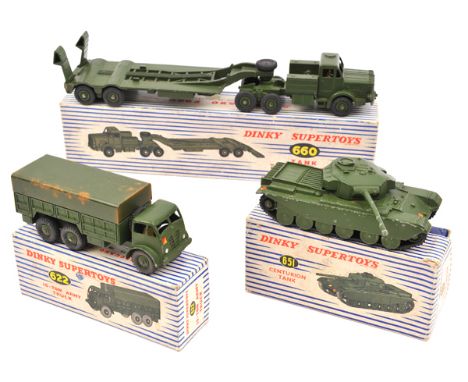 3 Dinky Military Supertoys. Thornycroft Mighty Antar Tank Transporter (660), Centurion Tank (651). Plus a Foden 10-Ton Army T