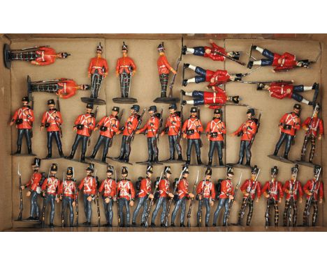 37 white metal soldiers. British infantry in scarlet tunics. Comprising – 11 Waterloo period privates at ease with rifles, fi