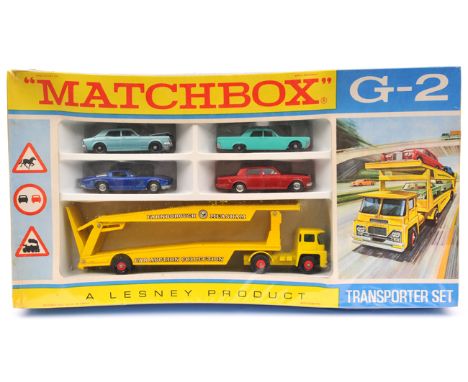 Matchbox Gift Set G-2 Car Transporter Set. Comprising a Guy transporter in yellow ‘Farnborough Measham’ ‘Car Auction Collecti