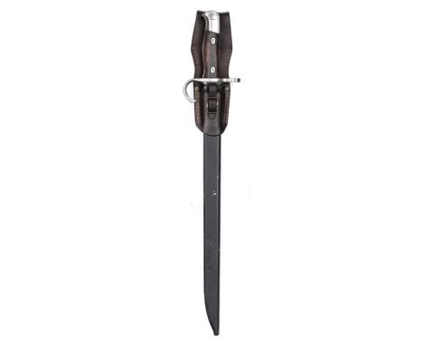 A similar bayonet for the Arisaka rifle,  wooden grips (worn) hooked quillon, in scabbard with brown leather forg (BB469) GC.