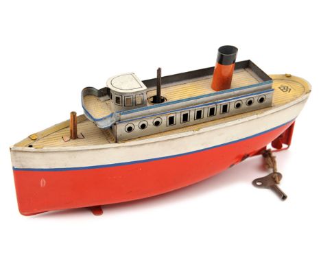 A Small Bing tinplate clockwork ocean liner. 22cm long with red hull/white upper with blue Plimsoll line, light yellow black 