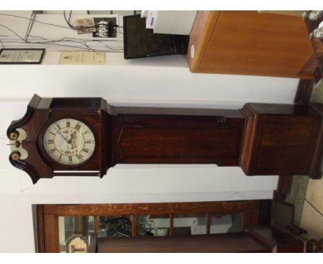 Early 19th century oak 30 hour long case clock, swan neck pediment with brass finial, circular painted dial with Arabic and R