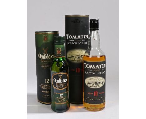 Tomatin Single Highland Malt Scotch Whisky, Aged 10 Years, in tube box; together with Glenfiddich Single Malt Scotch Whisky, 
