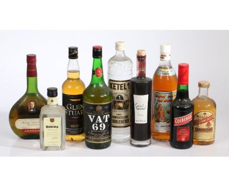 Nine bottles of spirits, to incude Vat 69, Glen Stuart scotch whisky, Janneau grand armagnac, O.P. Anderson aquavit etc. (9)