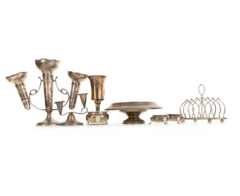GROUP OF SILVER ITEMS, VARIOUS ASSAYS AND MAKERS  comprising a toastrack, three salt cellars, footed bowl, a goblet, a candle