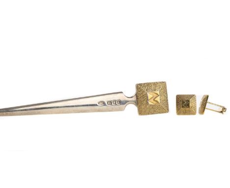 PAIR OF SILVER GILT CUFFLINKS, STUART DEVLIN, AND A LETTER OPENER London 1981, of square form, textured with central rune mot