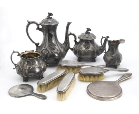 An Art Deco silver five piece dressing table set, together with a Victorian four piece pewter tea set (9) 