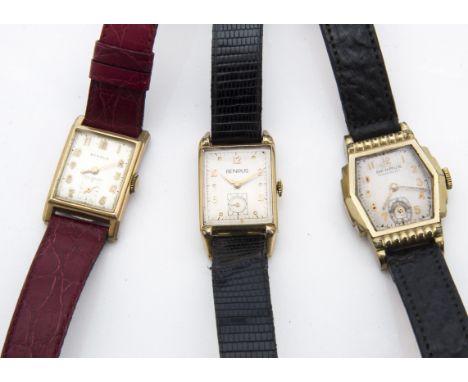 Three Art Deco Benrus gold plated gentlemen's wristwatches, one hexagonal and two square cased examples on leather straps (3)