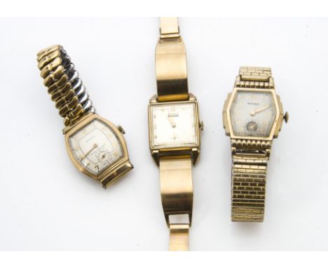 Three Art Deco Benrus gold plated gentlemen's wristwatches, one square example on gold plated buckle strap, the other two on 