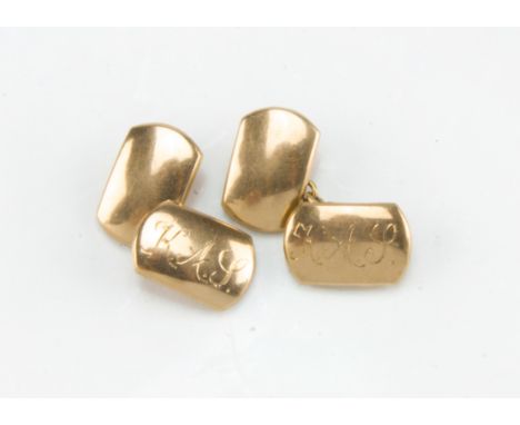 A pair of vintage yellow metal cufflinks, oblong with one panel having initials, joined by chains marked 18, 11.4g (2) 