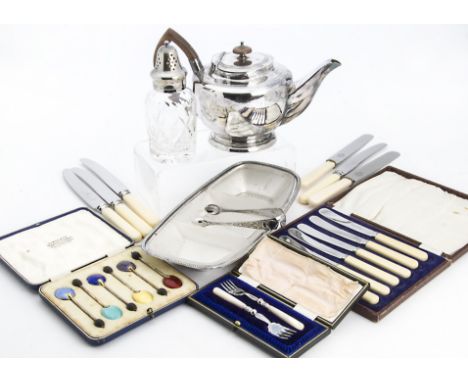 A set of cased Art Deco period silver gilt and enamel coffee bean spoons, together with a set of silver plated forks and othe